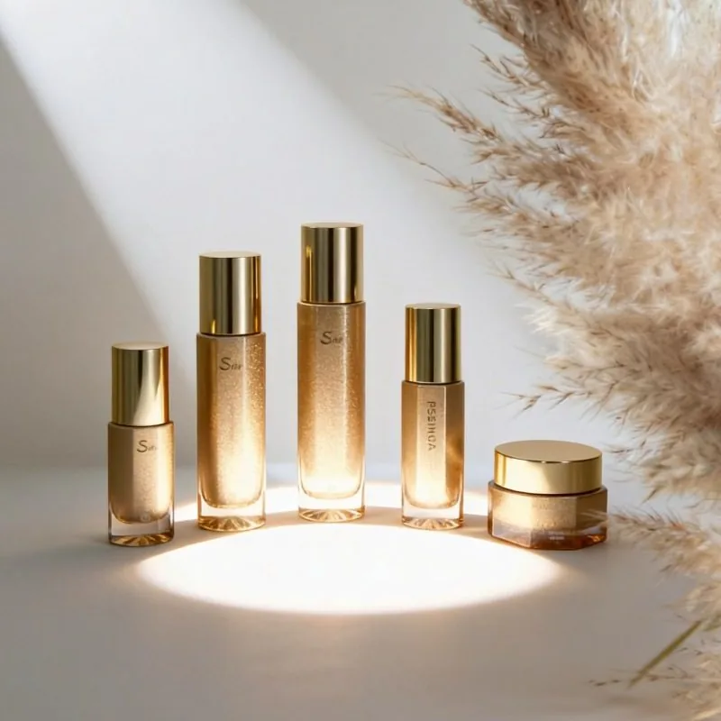 30ml gold dropper serum bottle with 50ml gold lid cream jar - premium glass set