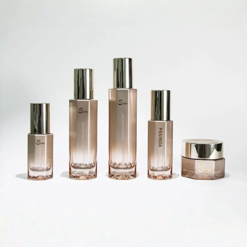 5 piece face care glass bottle set - cleanser serum cream oil - matching design