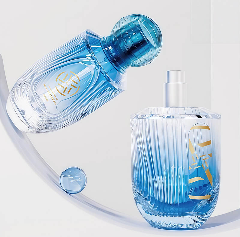 NS-X002 Luxurious transparent blue tinted glass perfume bottle with pump mechanism