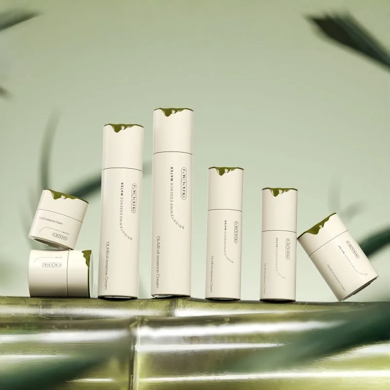 Minimalist Beige Glass Cosmetic Bottle Set with Green Accent