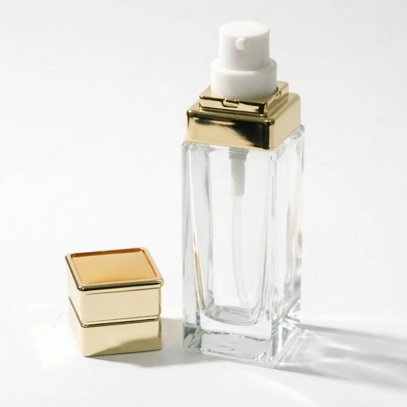 30ml Clear Square Glass Foundation Bottle with Gold Layered Pump Cap