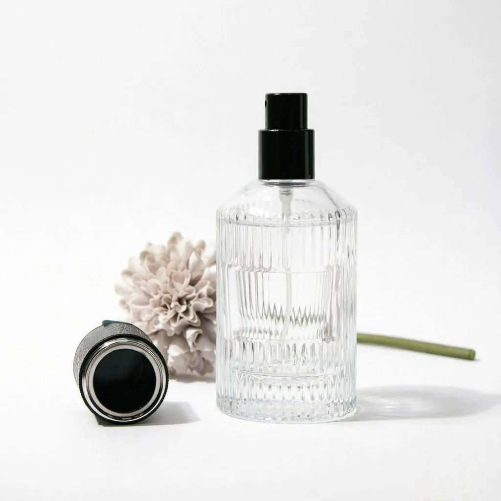 Ribbed Round Glass Perfume Bottle with Black Spray Pump 50ml