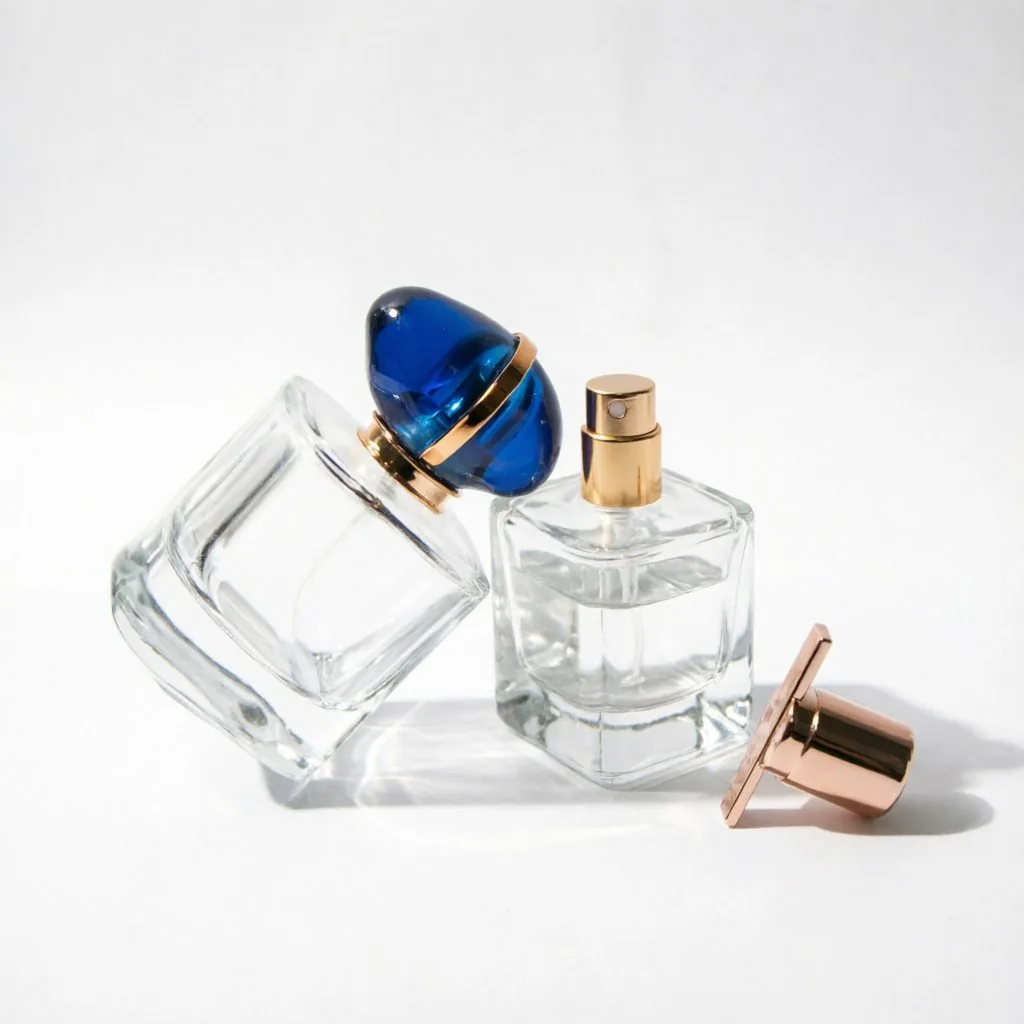 Square klar Glass Parfümflasche mit Blue & Rose Gold Cap 50ml