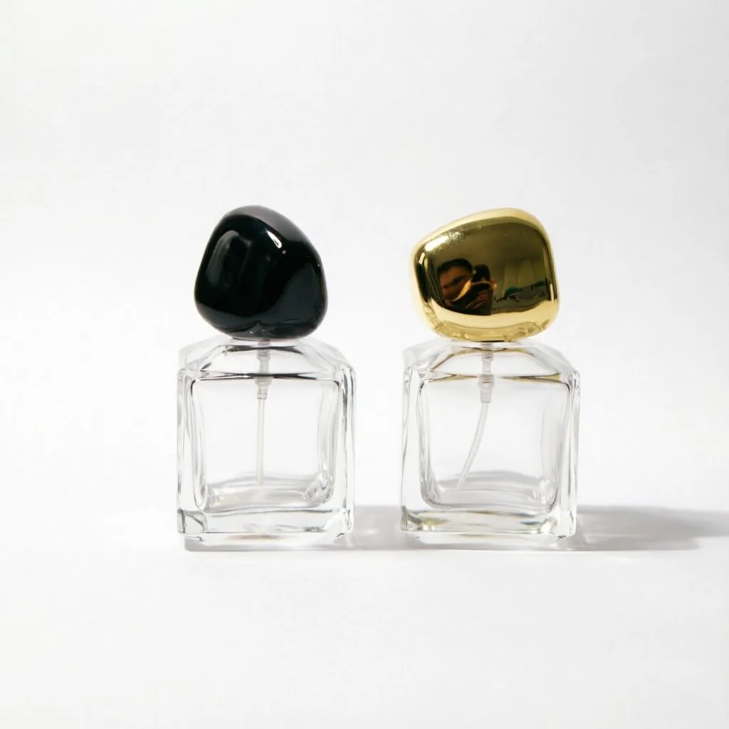 Square Glass Perfume Bottle with Black Gold Pebble Cap 50ml