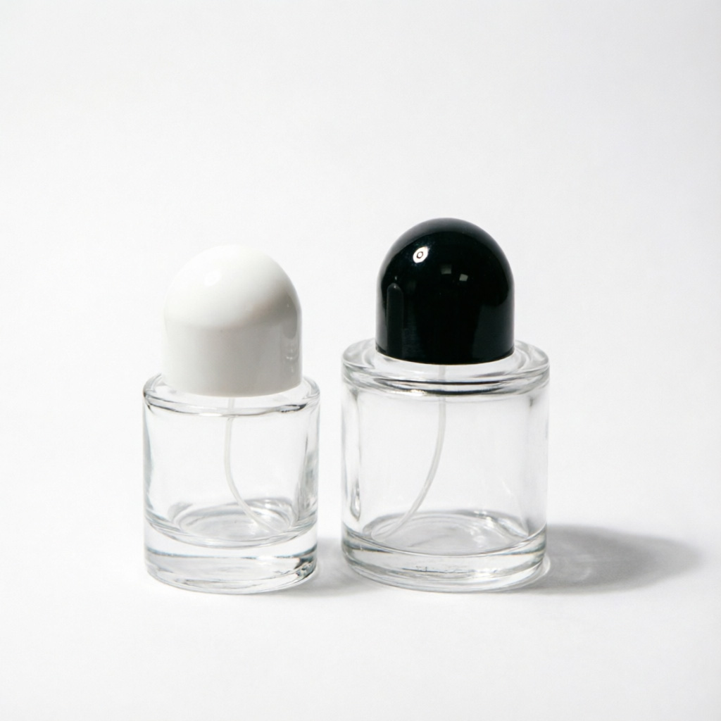 Clear Round Glass Perfume Bottle with Black & White Ball Cap 30ml 50ml