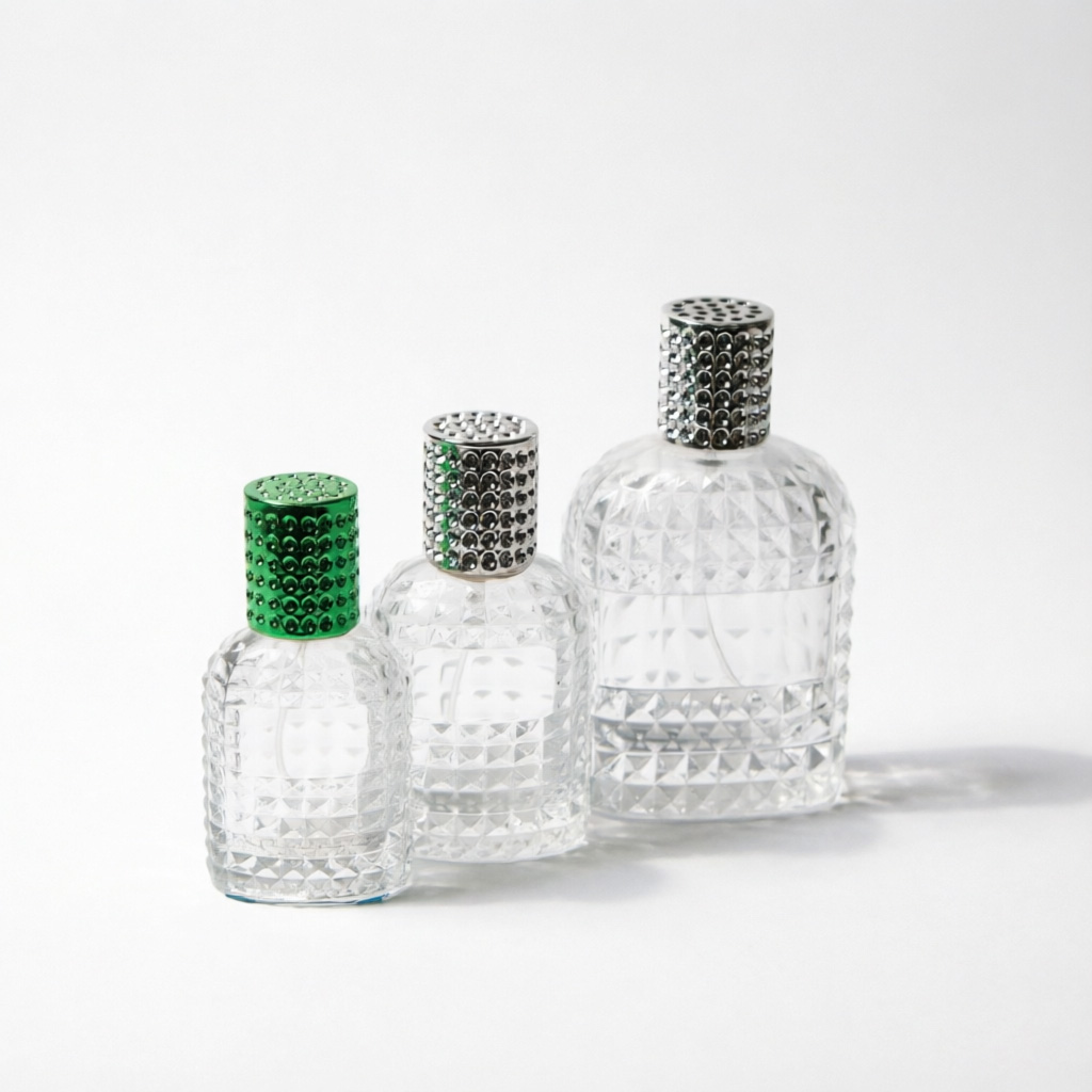 Embossed Glass Perfume Bottle with Diamond Cap 30ml 50ml 100ml