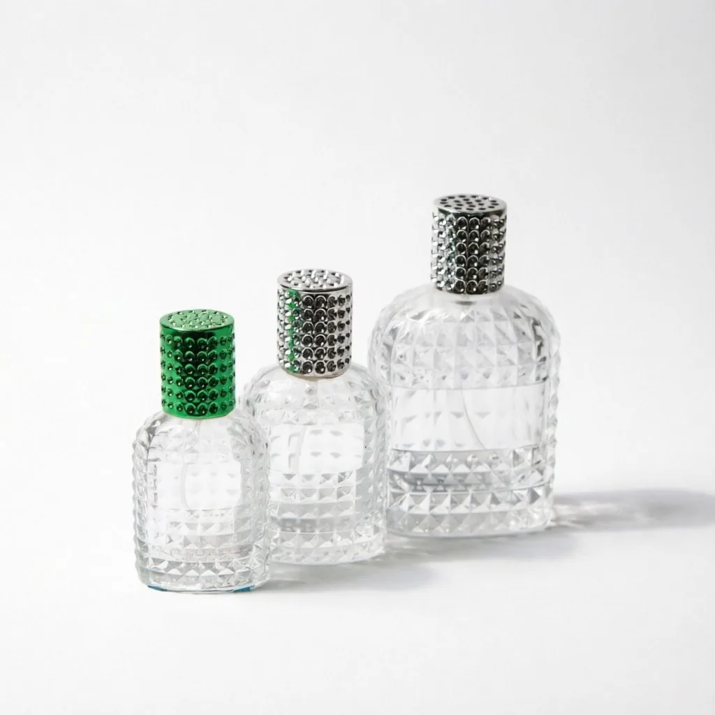Embossed Glass Perfume Bottle with Diamond Cap 30ml 50ml 100ml