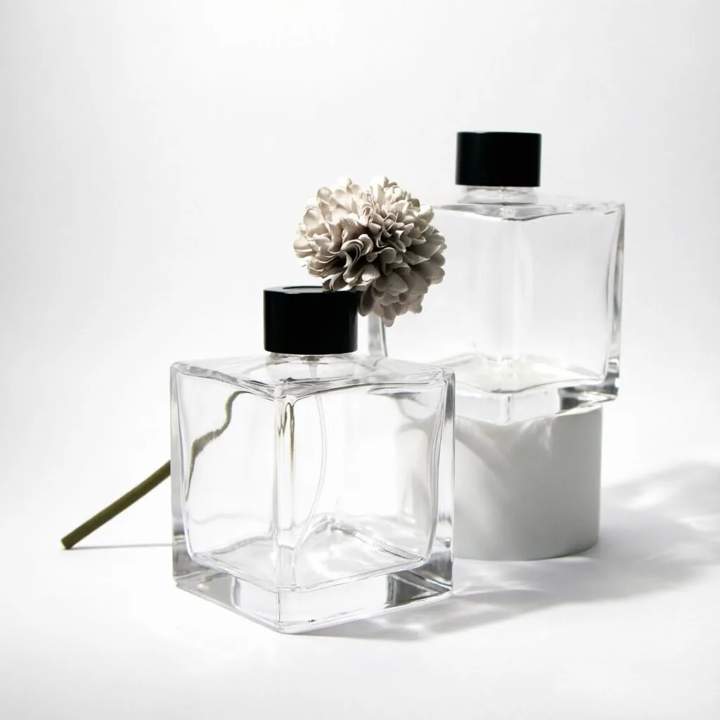 Square Clear Glass Reed Diffuser Bottle with Black Cap 200ml