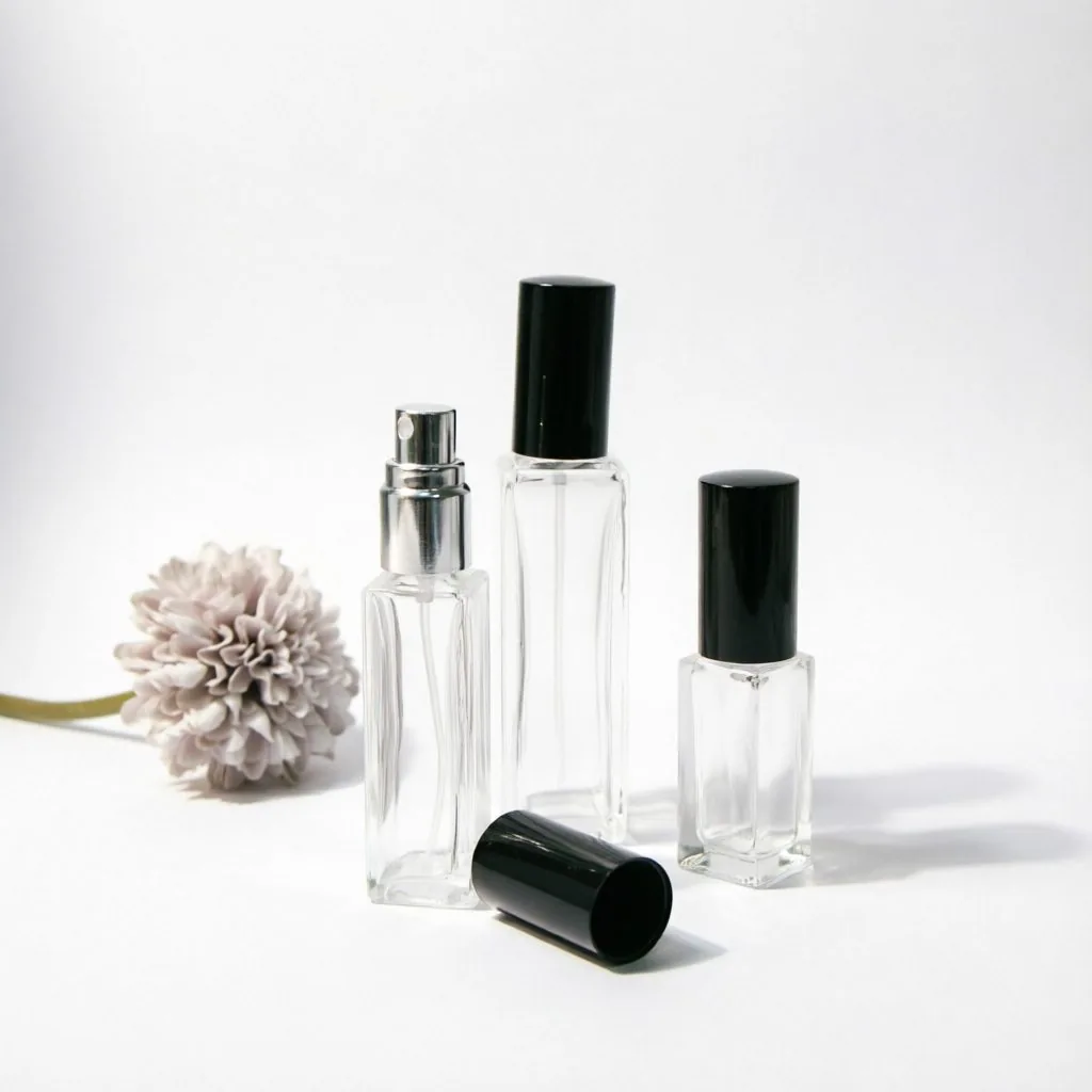 Mini Square Glass Perfume Bottle Collection with Black & Silver Caps