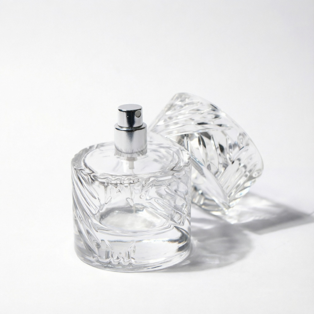 Embossed Round Glass Perfume Bottle with Silver Spray Pump 50ml