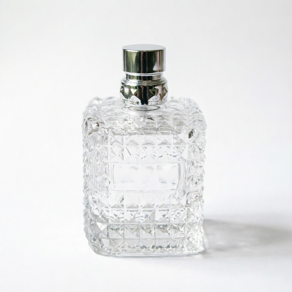 Diamond Cut Square Glass Perfume Bottle with Silver Cap 50ml 100ml