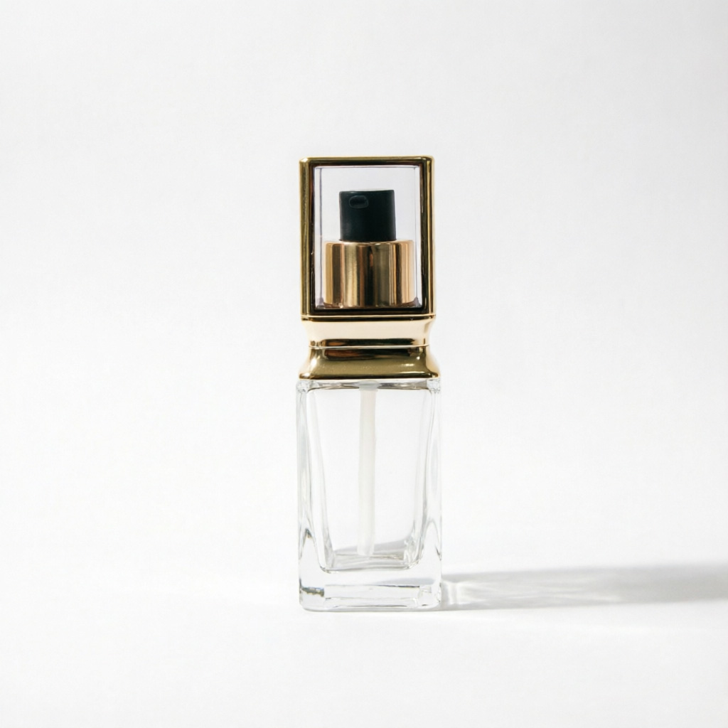 Tall Rectangular Glass Lotion Bottle with Gold Frame Cap