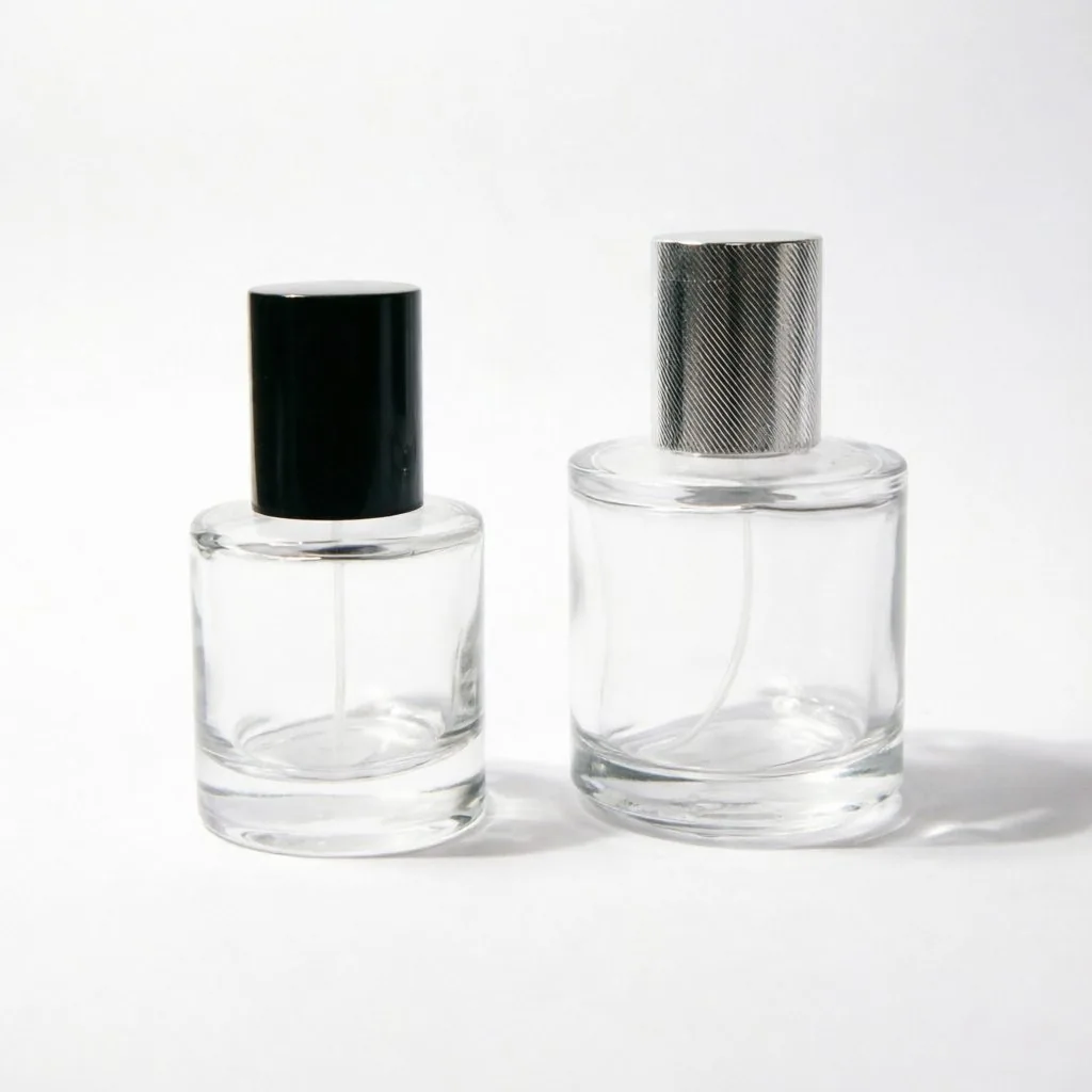 Round Glass Perfume Bottle with Silver or Black Metal Cap 50ml