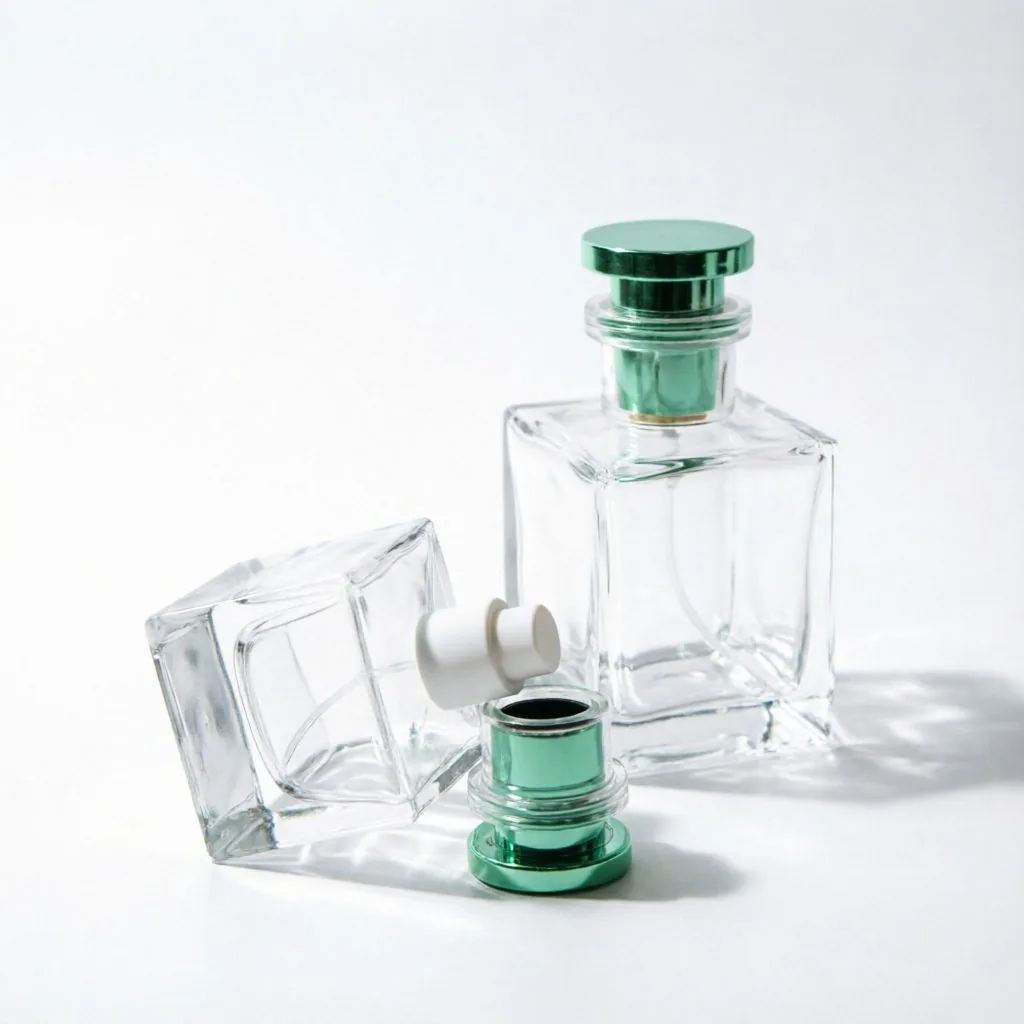 Inset Square Glass Perfume Bottle with Green Metal Cap 100ml