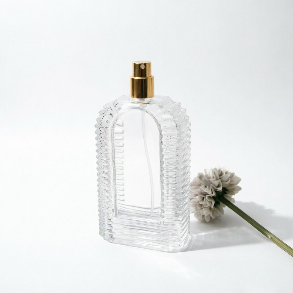 Vertical Ribbed Square Glass parfüm şişesi with Red Metal Cap 100ml 200ml
