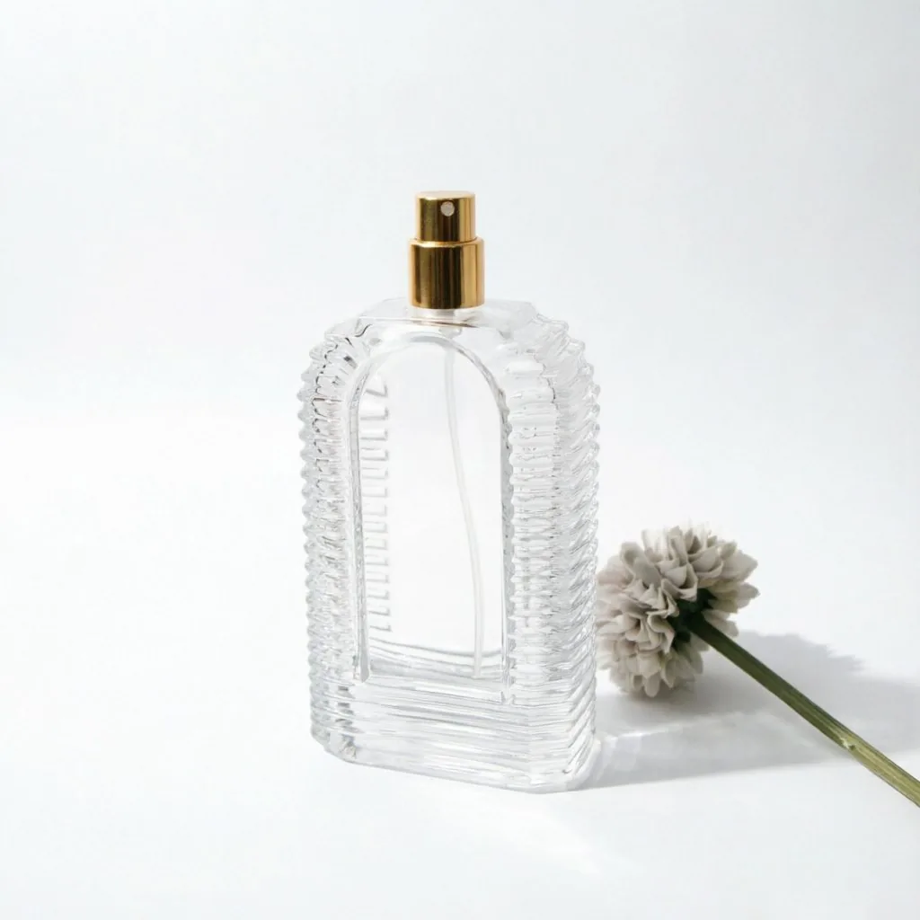 Vertical Ribbed Square Glass Perfume Bottle with Red Metal Cap 100ml 200ml