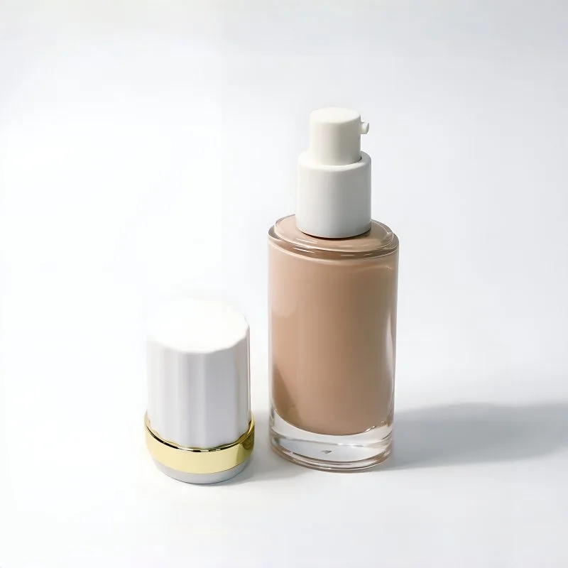 30ml Clear Cylindrical Glass Foundation Bottle with White Ribbed Cap