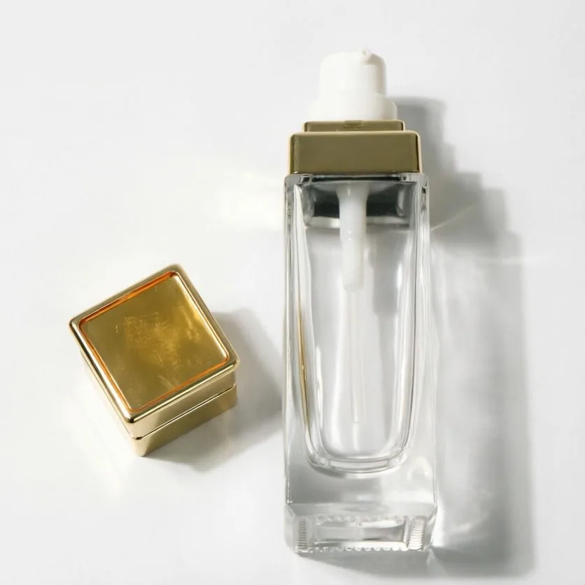 30ml Clear Square Glass Foundation Bottle with Gold Layered Pump Cap