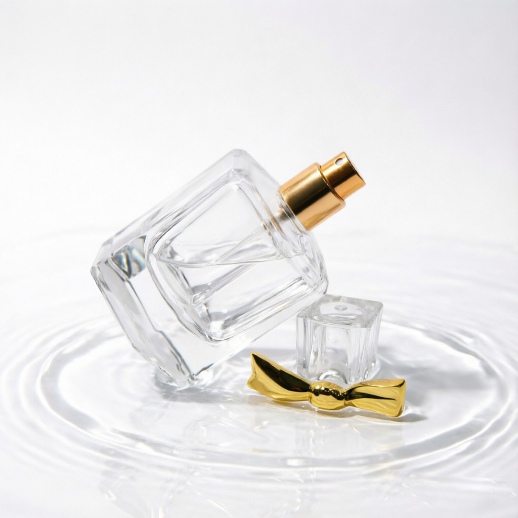 Thick Bottom Square Glass Perfume Bottle with Gold Bow Cap 50ml