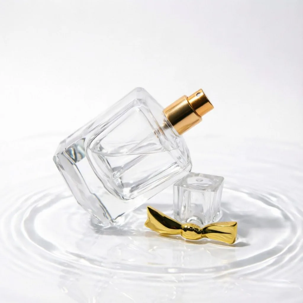 Thick Bottom Square Glass Perfume Bottle with Gold Bow Cap 50ml