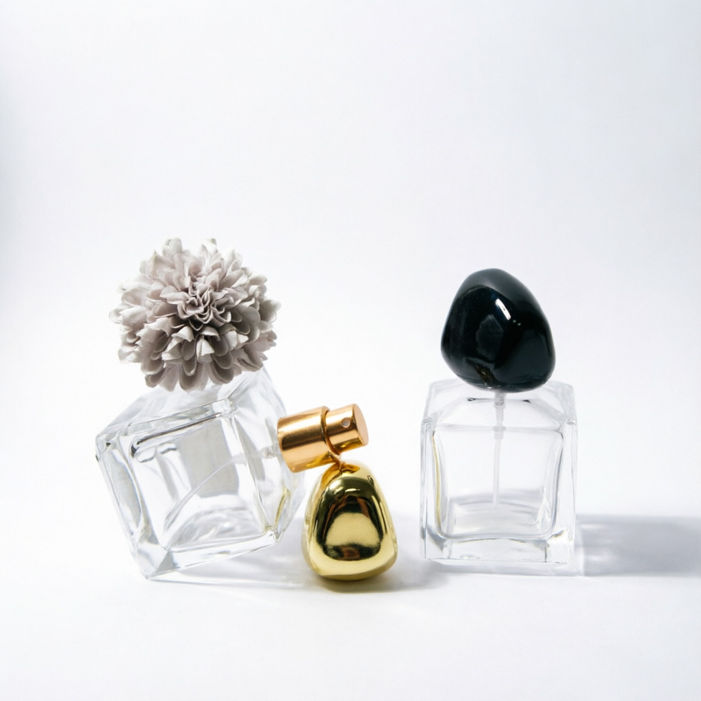 Square Glass parfüm şişesi with Black Gold Pebble Cap 50ml