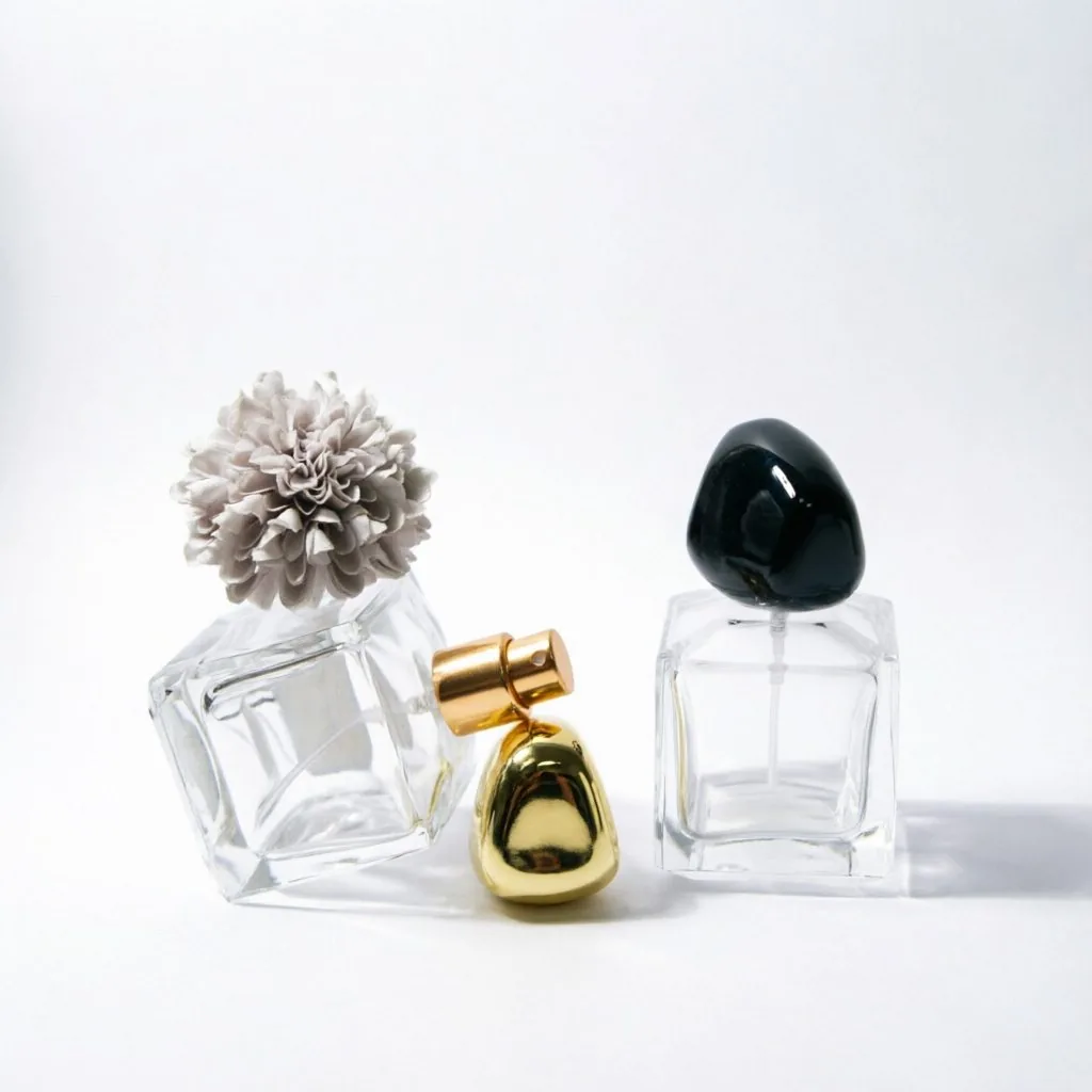 Square Glass Perfume Bottle with Black Gold Pebble Cap 50ml