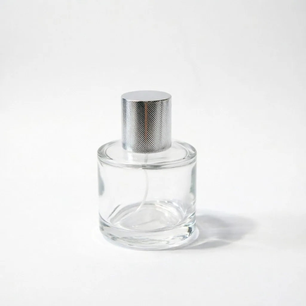 Round Glass Perfume Bottle with Silver or Black Metal Cap 50ml