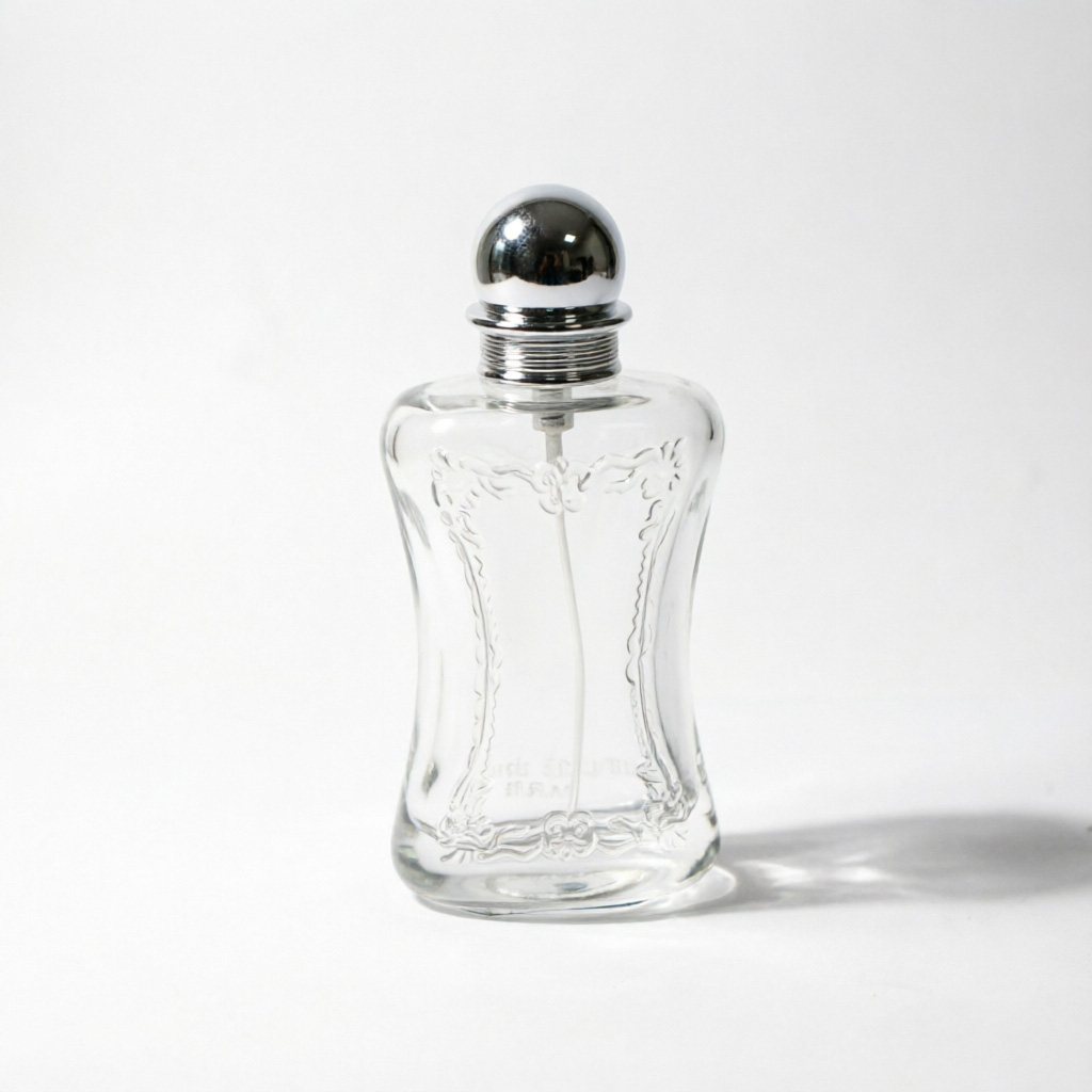 Curved Embossed Glass Perfume Bottle with Silver Ball Cap 50ml