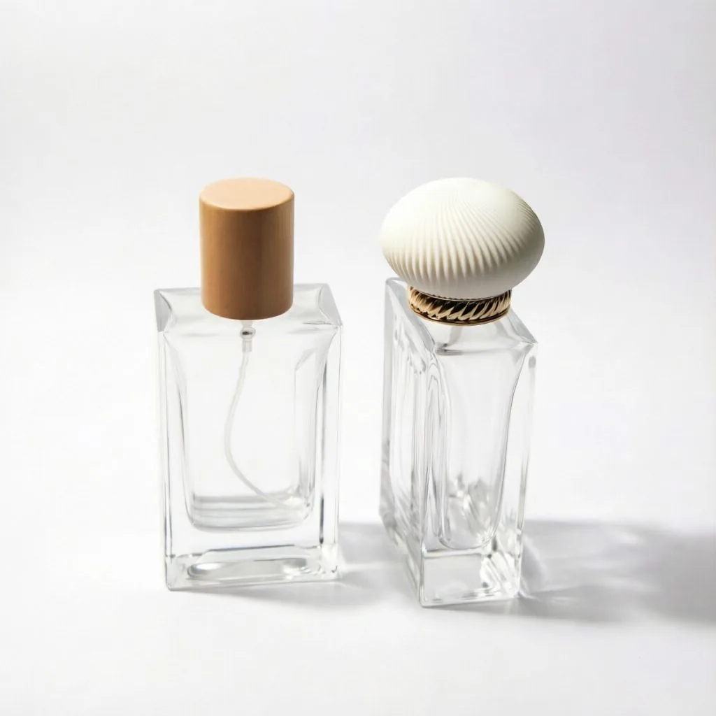 Square Glass Perfume Bottle with Wooden Cap or Shell Cap 50ml