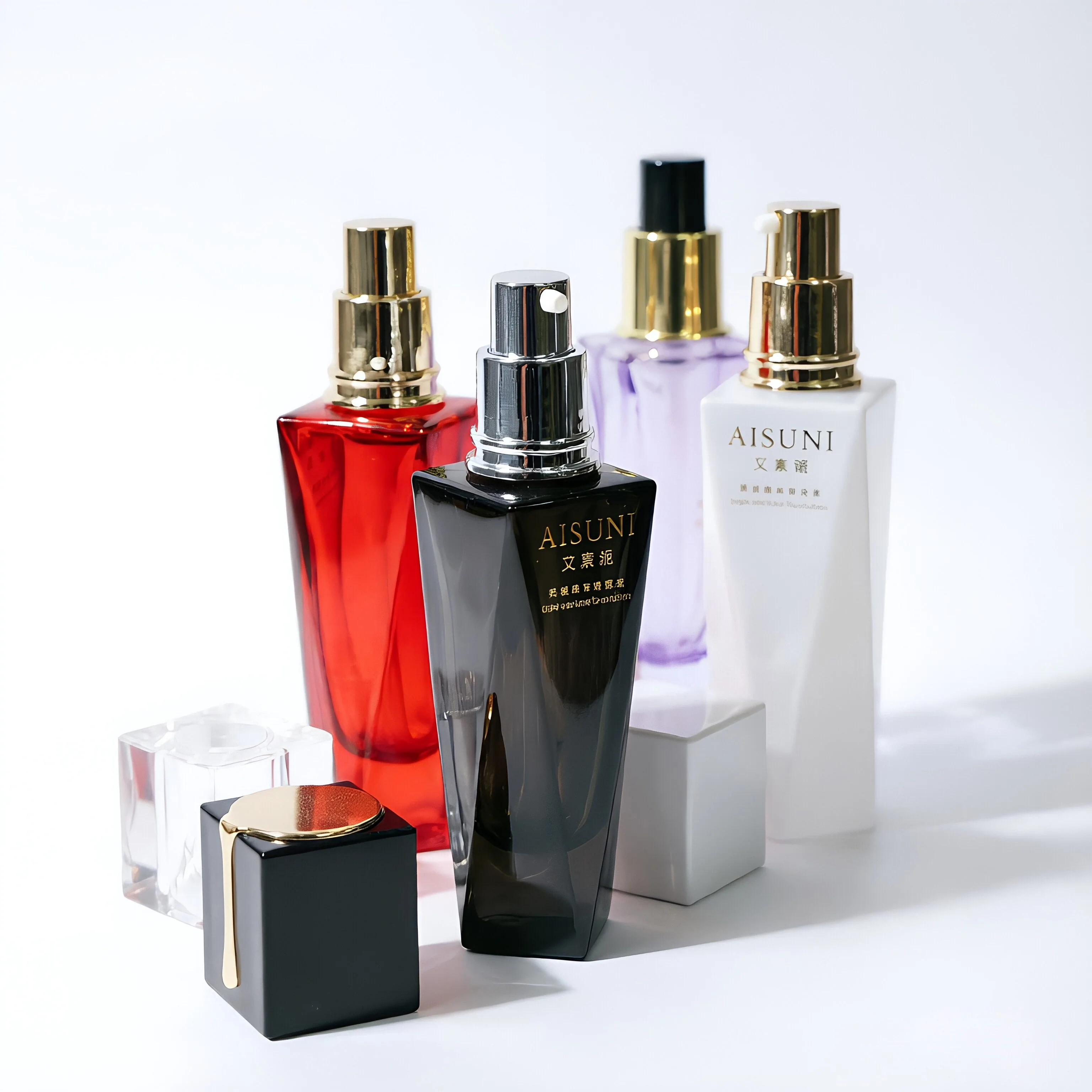Geometric Cut Glass Foundation Bottle with Metallic Pump