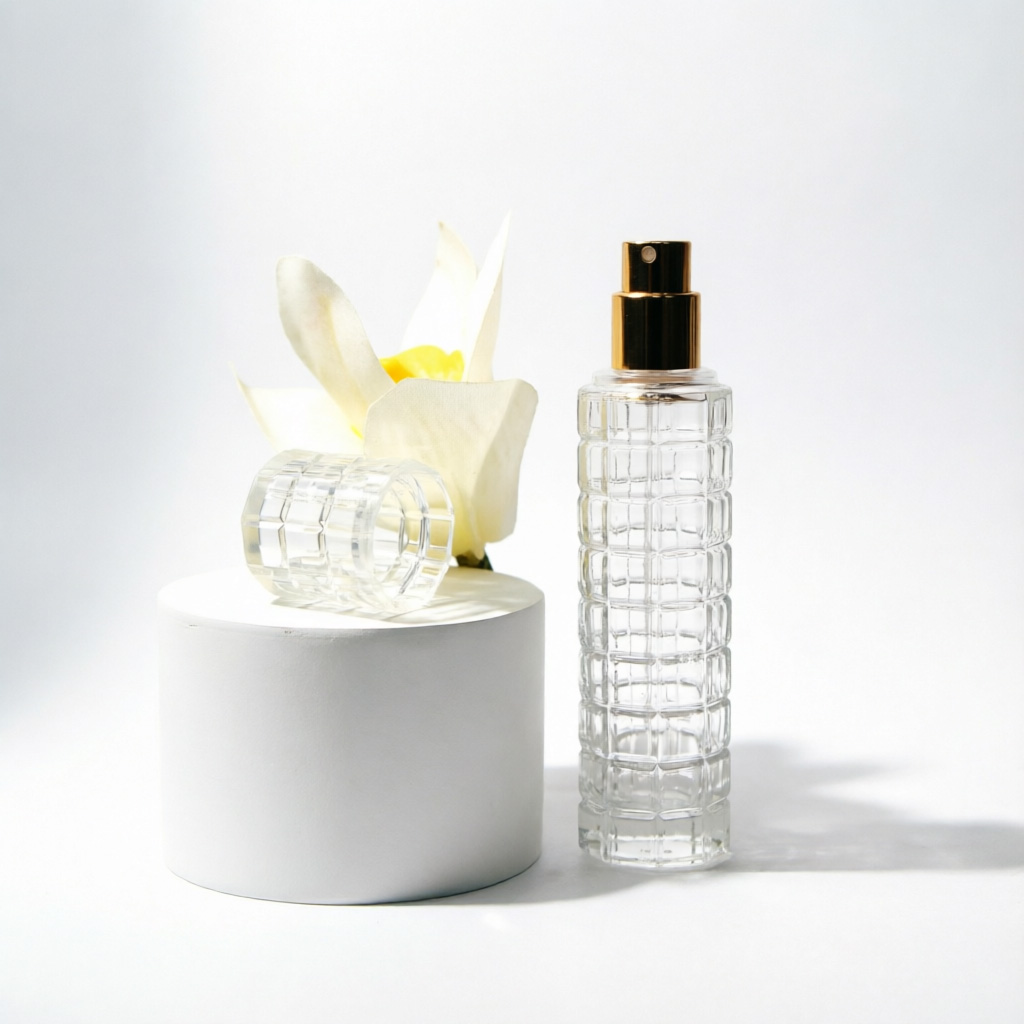 Vertical Ribbed Glass parfüm şişesi with Gold Cap 50ml