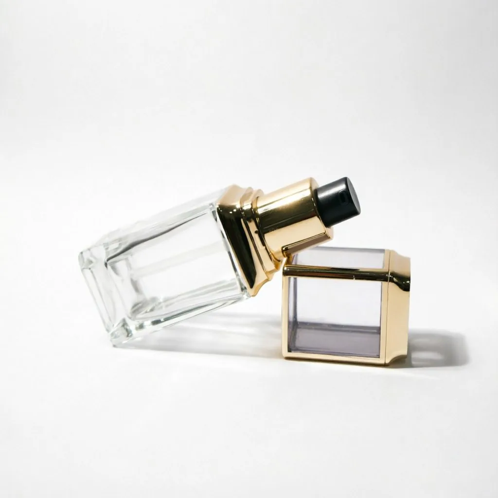 Tall Rectangular Glass Lotion Bottle with Gold Frame Cap
