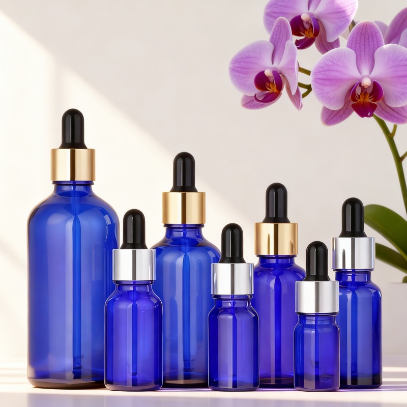 NS-B004 5ml, 10ml, 15ml, 20ml, 30ml, 50ml, 100ml Customizable round empty black glass bottles with black caps.