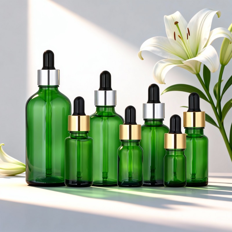 NS-B005 5ml, 10ml, 15ml, 20ml, 30ml, 50ml, 100ml Custom round empty black glass bottles with black caps.