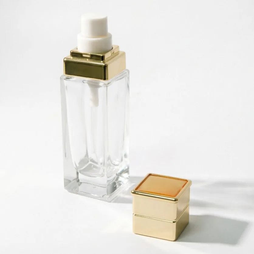 30ml Clear Square Glass Foundation Bottle with Gold Layered Pump Cap