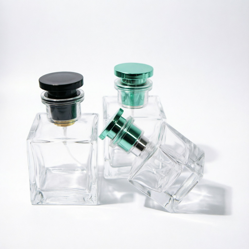 Inset Square Glass Perfume Bottle with Green Metal Cap 100ml