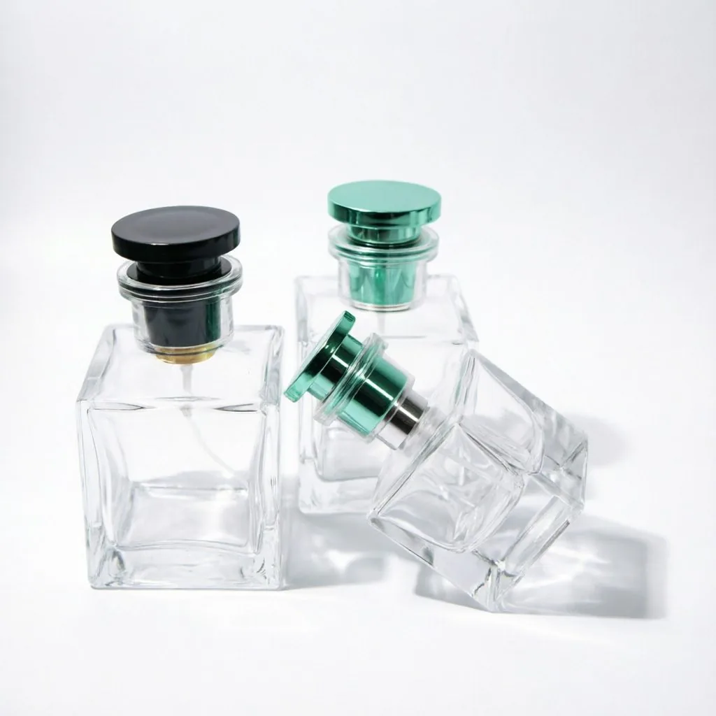 Inset Square Glass Perfume Bottle with Green Metal Cap 100ml