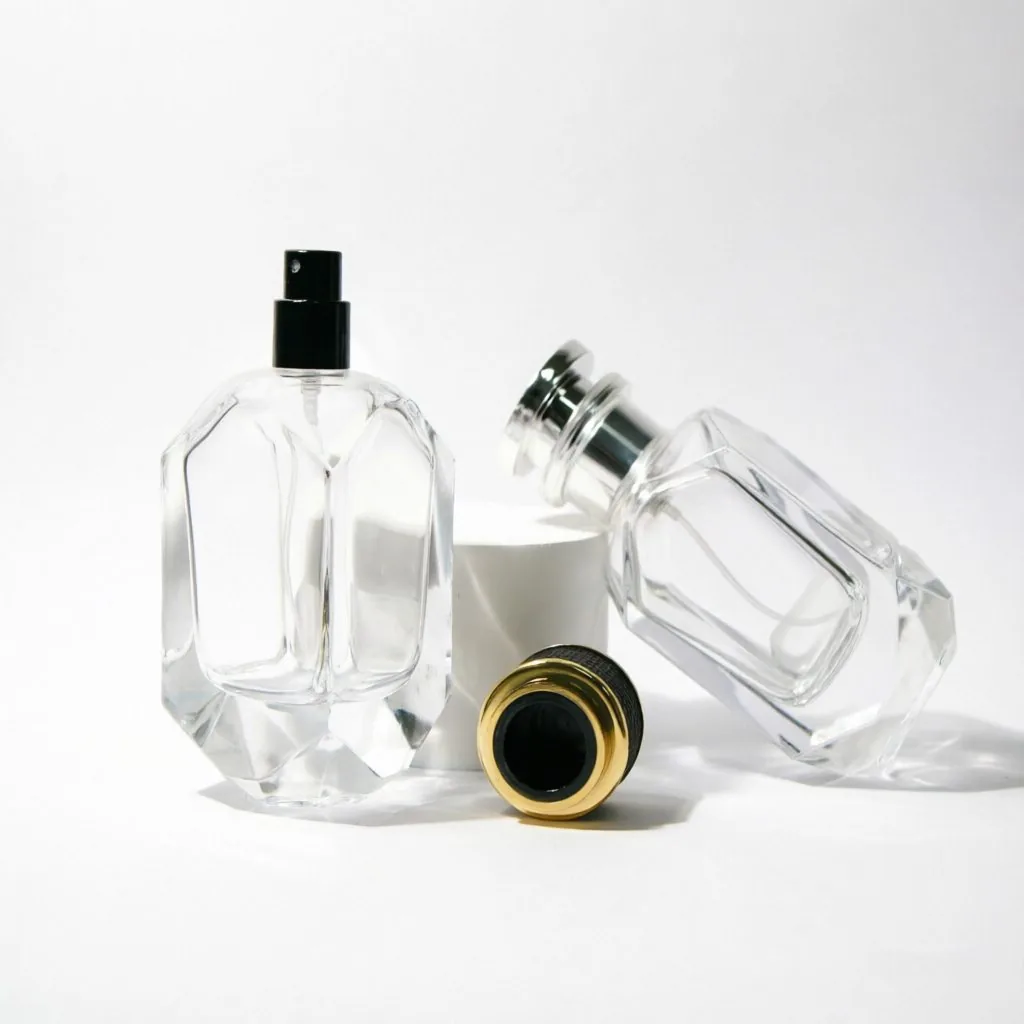Multi-Faceted Glass Perfume Bottle with Black Gold Cap 50ml 100ml