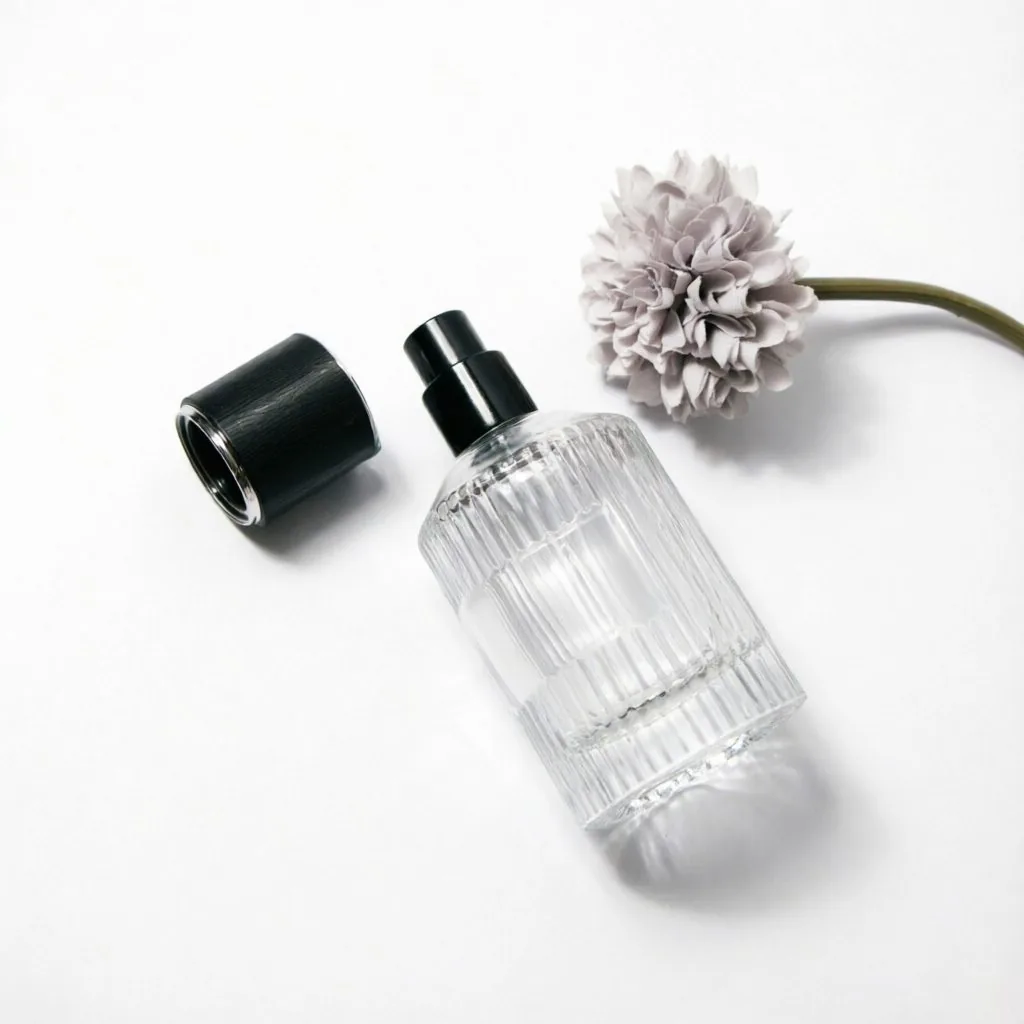 Ribbed Round Glass Perfume Bottle with Black Spray Pump 50ml