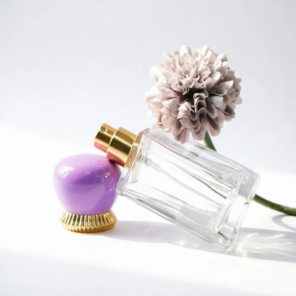 Classic Square Glass Perfume Bottle with Purple Oval Gold Cap 50ml