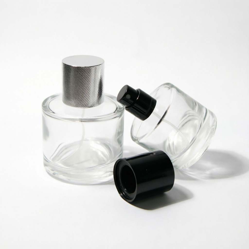 Round Glass Parfümflasche mit Silver or Black Metallkappe 50ml