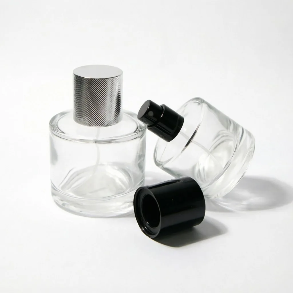 Round Glass Perfume Bottle with Silver or Black Metal Cap 50ml