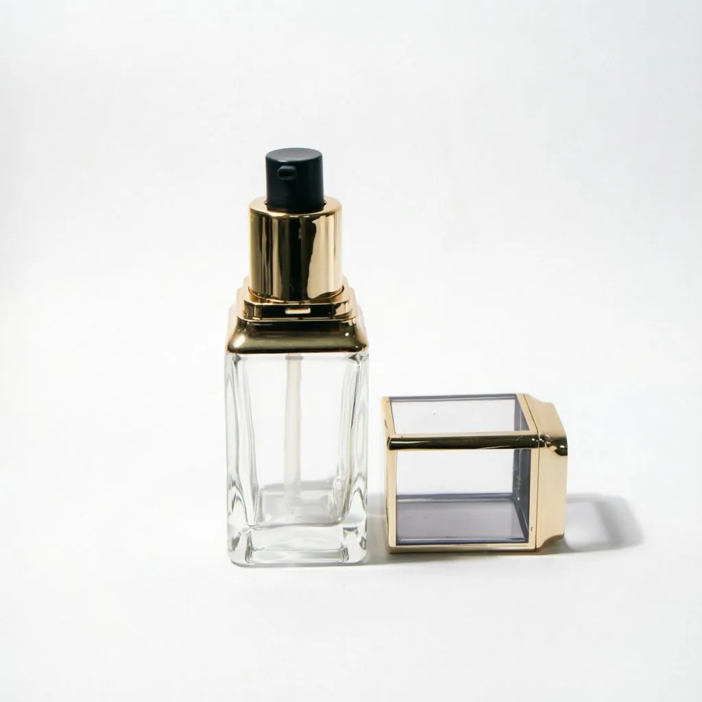 Tall Rectangular Glass Lotion Bottle with Gold Frame Cap