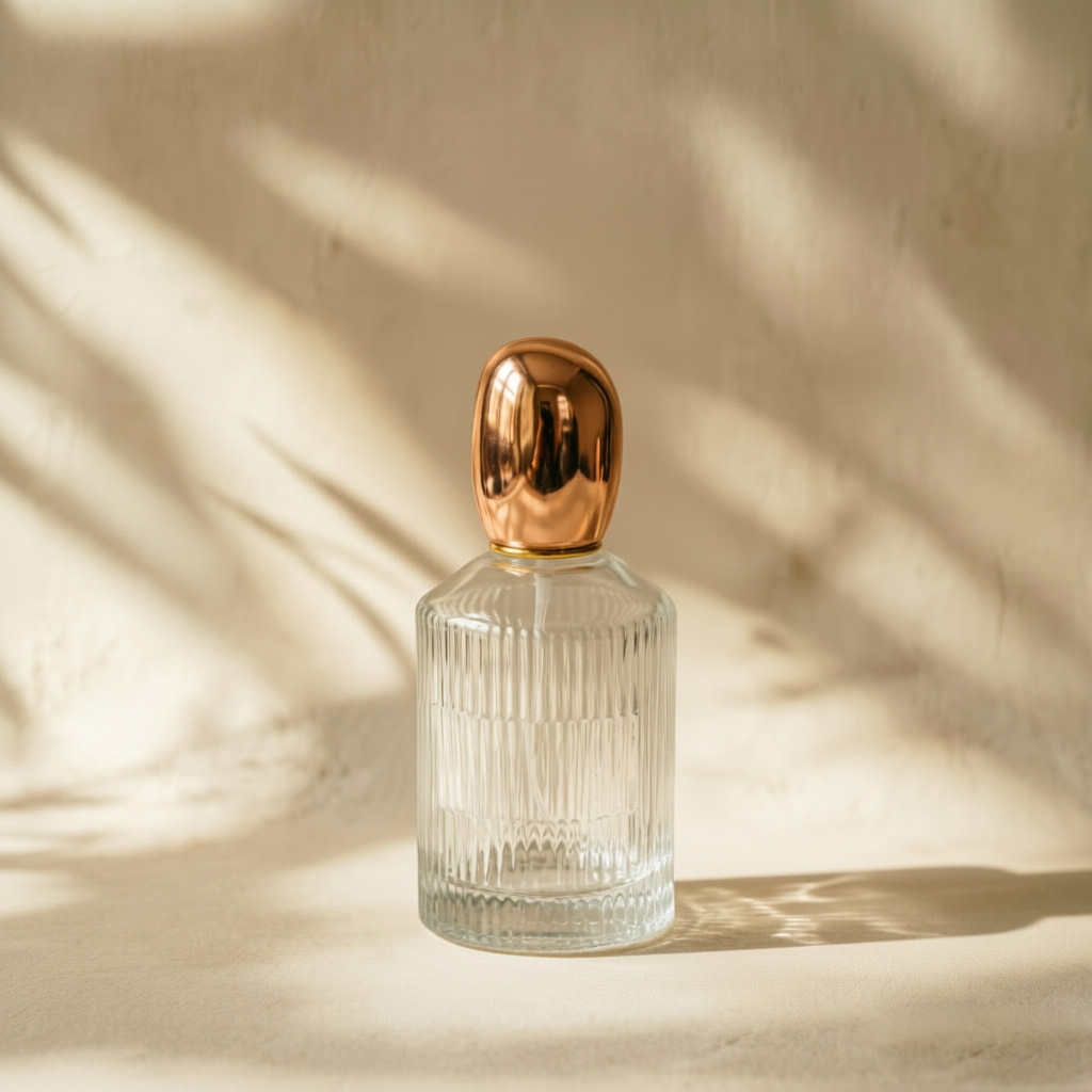 Ribbed Round Glass Perfume Bottle with Gold Spray Pump 100ml