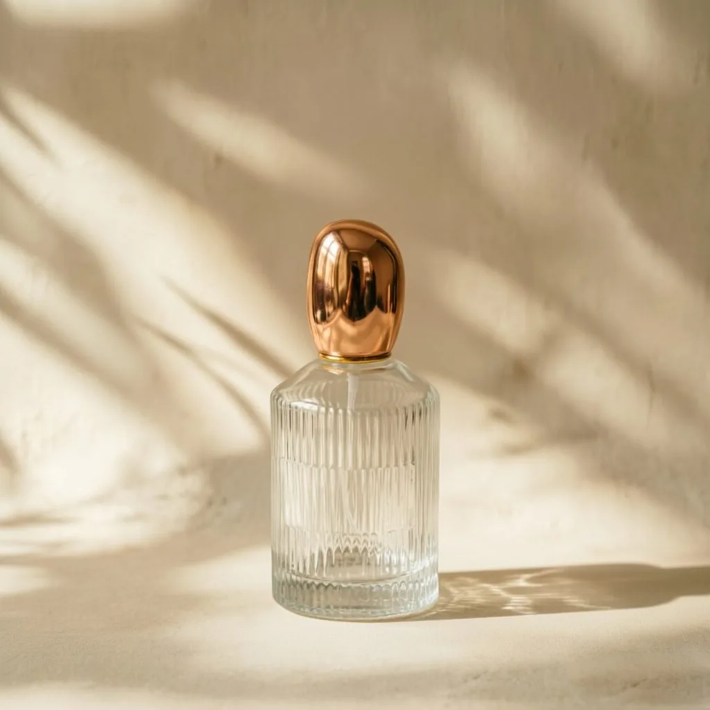 Ribbed Round Glass 향수 병 포함 Gold Spray Pump 100ml