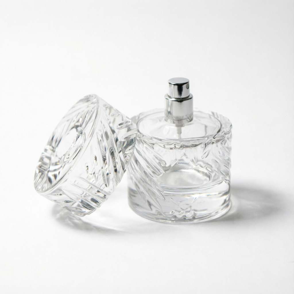 Embossed Round Glass Perfume Bottle with Silver Spray Pump 50ml