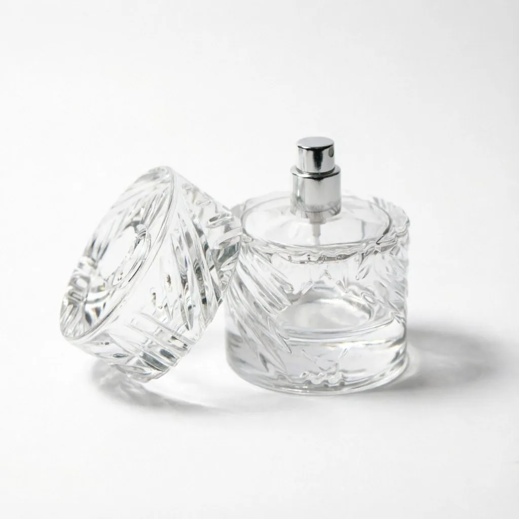 Embossed Round Glass Perfume Bottle with Silver Spray Pump 50ml