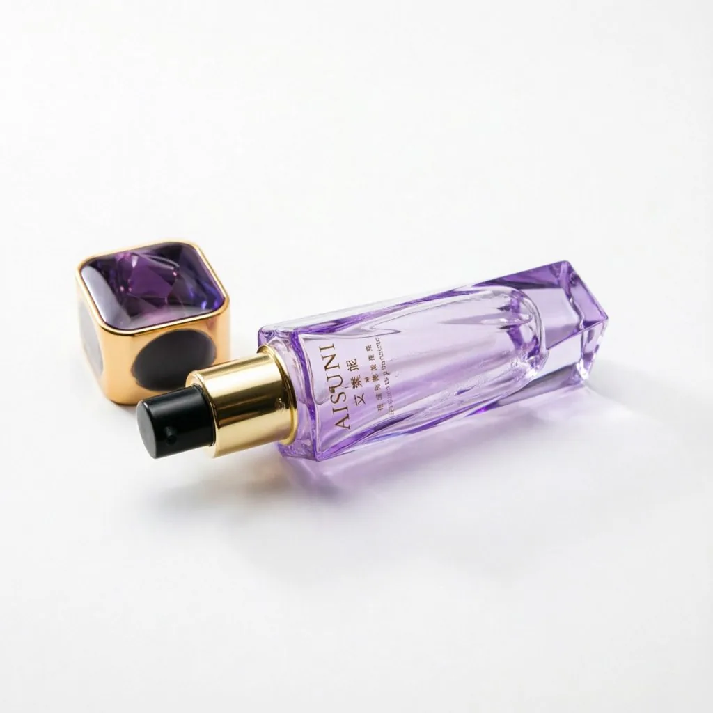 Geometric Cut Glass Foundation Bottle with Metallic Pump