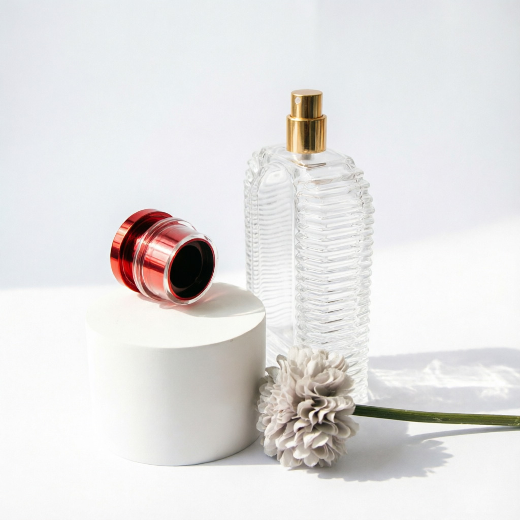 Vertical Ribbed Square Glass parfüm şişesi with Red Metal Cap 100ml 200ml