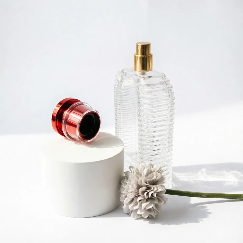 Vertical Ribbed Square Glass Perfume Bottle with Red Metal Cap 100ml 200ml
